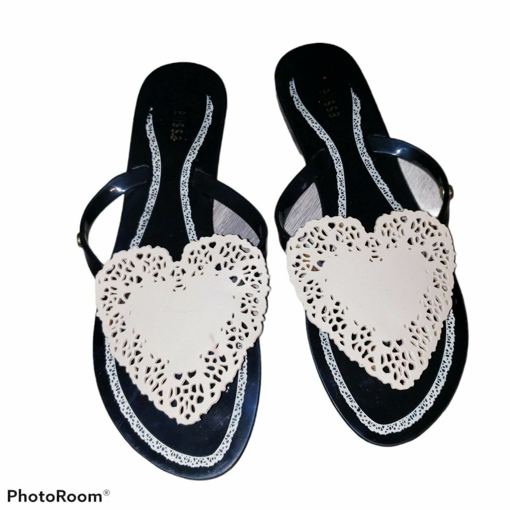 MELISSA Black Heart Jelly Flip Flop Thong Sandals 37 EUR 6 US